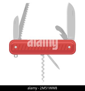 Multipurpose Folding Knife Icon Isolated on White Background. Multi Tool for Camping. Red Multifunctional Army Item Stock Vector
