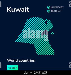 Vector creative digital neon flat line art abstract simple map of Kuwait with green, mint, turquoise striped texture on dark blue background. Educatio Stock Vector