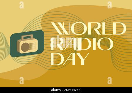 Vertical banner for World Radio Day on the air, creative. February 13th. In a realistic style, the radio on a green abstract background. Vector Stock Vector