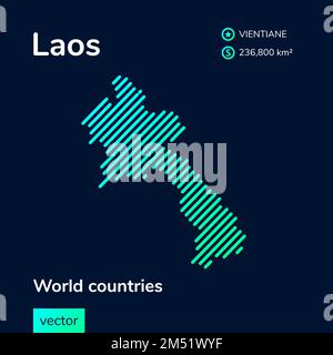 Vector creative digital neon flat line art abstract simple map of Laos with green, mint, turquoise striped texture on dark blue background. Educationa Stock Vector