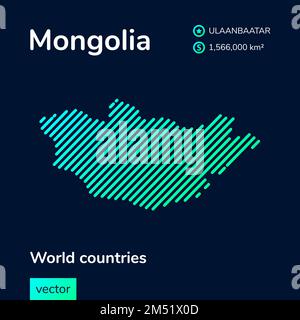 Vector creative digital neon flat line art abstract simple map of Mongolia with green, mint, turquoise striped texture on dark blue background. Educat Stock Vector