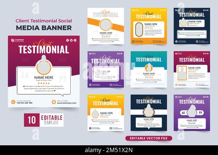 Modern business client testimonial template collection for social media marketing. Customer feedback and rating layout set design with yellow and dark Stock Vector