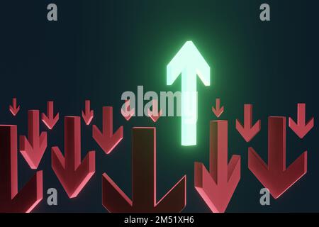 Glowing green arrow placed among red downward arrows. Illustration of the concept of rapid changes of stock prices Stock Photo