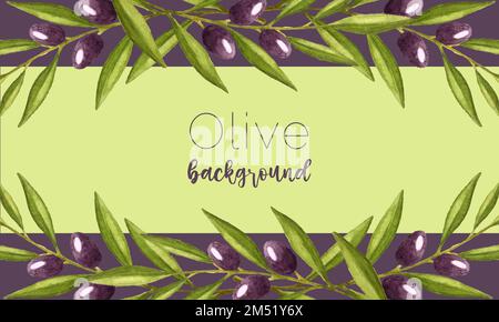 Label background with watercolor olives, banner horizontal, templat, space for inscription. Vector illustration Stock Vector