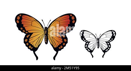 Funny colorful butterfly. Color flat vector set of detailed butterflies. Cute characters. Card, postcards for kids. Silhouette icon Stock Vector