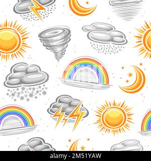 Vector Weather Symbols seamless pattern, repeat background with illustration of summer sun, gray winter snowy cloud, moon with stars on white backgrou Stock Vector