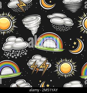 Vector Weather Symbols seamless pattern, repeating background with illustration of summer sun, grey winter snowy cloud, moon with stars on dark backgr Stock Vector