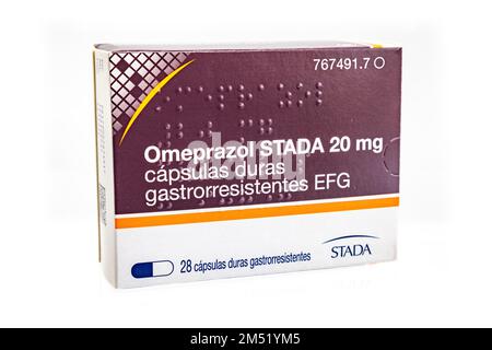 Huelva, Spain - December 24, 2022: Spanish box of Omeprazole from Stada lab. Omeprazole is used to treat certain stomach and esophagus problems (such Stock Photo