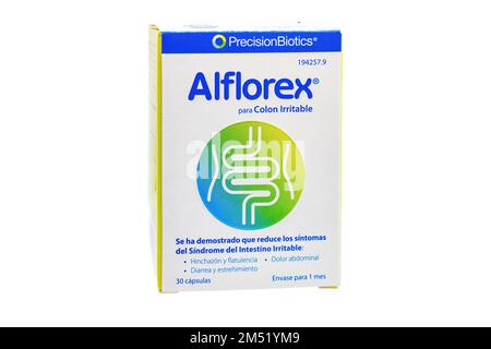 Huelva, Spain - December 24, 2022: Spanish box of Alflorex. It is a probiotic indicated for Irritable Bowel symptoms, Bloating, Abdominal pain, Gas, a Stock Photo