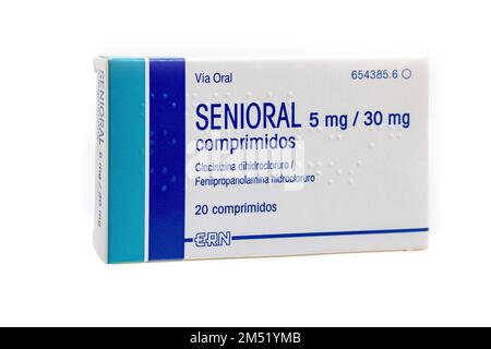 Huelva, Spain - December 24, 2022: Spanish Senioral with Clocinizine dihydrochloride and phenylpropanolamine hydrochloride. It is a decongestant for t Stock Photo