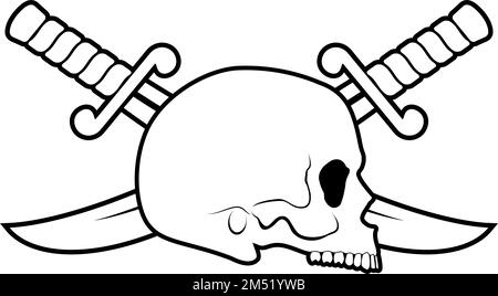 Skull Side View with Crossed Sabers. Illustration of Pirate Symbol in Black-and-White Stock Vector