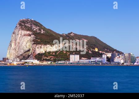 Gibraltar The Rock Mediterranean Sea twilight blue hour overview travelling Stock Photo