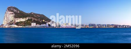 Gibraltar The Rock panoramic view Mediterranean Sea twilight blue hour overview travelling Stock Photo