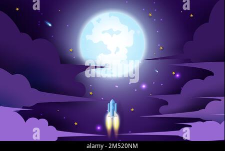 rocket flying in the star to the full moon. Paper art and craft style design. illustration for business startup concept on dark night background for p Stock Vector
