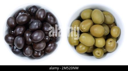 Black and green olives from above bowl isolated on a white background Stock Photo