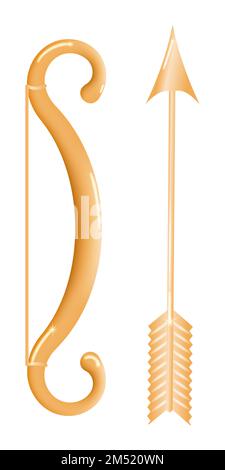 Weapon for shooting arrows, typically made of a curved piece of wood whose ends are joined by a taut string. Cartoon bow with arrow isolated on white Stock Vector