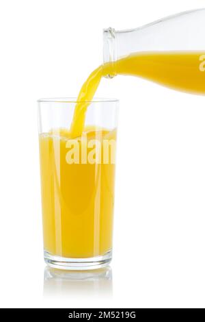 Orange juice pouring pour glass bottle isolated on a white background Stock Photo
