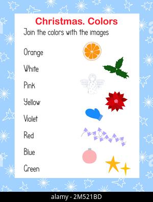 Color names and Christmas elements images matching game vector illustration, activities for children printable worksheet, educational puzzle, teacher resources Stock Vector