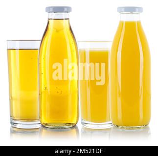 Apple and orange juice fresh glass bottle isolated on a white background Stock Photo