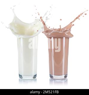 Milk and chocolate drink splash splashing glass isolated on a white background Stock Photo