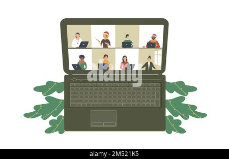 The concept of Christmas business video conference,distance learning or online training.Laptop with a lot of open windows on Internet page Stock Vector