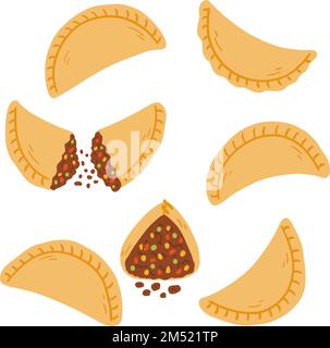 Empanadas in cartoon flat style. Hand drawn vector illustration of traditional Latino America food, folk cuisine Stock Vector