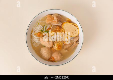 Bun Moc, Rice noodle soup with pork ball, Vietnamese food isolated on white background, top view Stock Photo