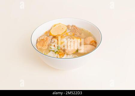 Bun Moc, Rice noodle soup with pork ball, Vietnamese food isolated on white background, perspective view Stock Photo