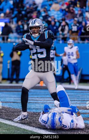 CHARLOTTE, NC - NOVEMBER 27: Carolina Panthers safety Xavier Woods (25)  during an NFL football game between the Denver Broncos and the Carolina  Panthers on November 27, 2022, at Bank of America