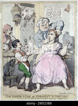Thomas Rowlandson comments on dentistry in this etching, suggesting that treatment in the days before anesthesia was as painful as the ailment. 1823 Stock Photo
