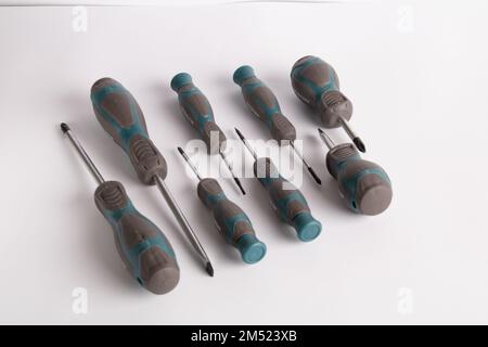 photo set of different screwdrivers on a white background Stock Photo