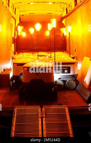 Starship Technologies grocery delivery robots in the back of a van,about to be dropped off at Co-op in Adel,Leeds,West Yorkshire Stock Photo