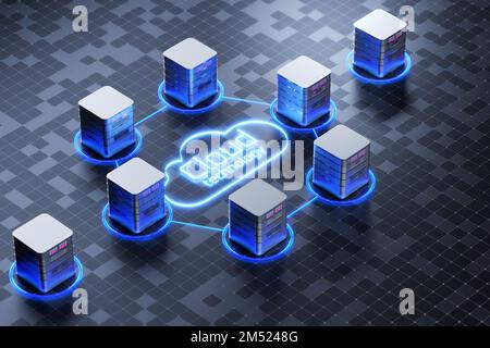 Cloud storage, data center. Digital service or application with data transfer. Network computing technologies. Futuristic server. digital space. Data Stock Photo
