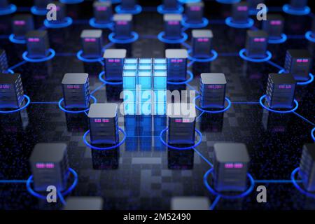 Data transfer technology. Big data center concept, cloud database, server power station of the future. Synchronization of personal information. Cube o Stock Photo