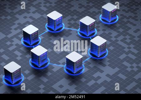 Cube or box Block chain of abstract financial data. Synchronization of personal information. Big data center concept, cloud database, server power sta Stock Photo