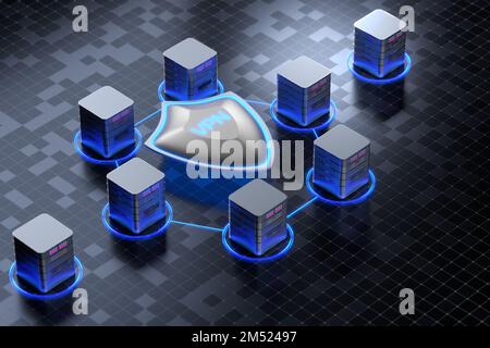 Big shield with VPN software or plugin. Application for secure connection, data encryption. Virtual private network. Remote server, cloud technologies Stock Photo