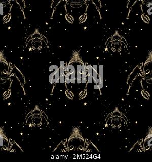 spider seamless pattern on black background. Gold on a black background. Magical atmosphere. Stock Vector