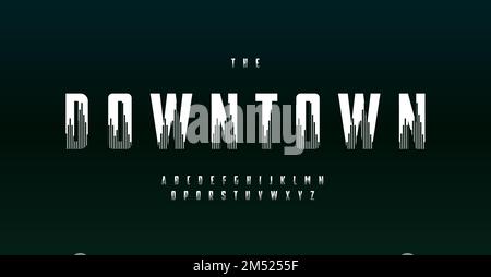 High bold font with skyscraper silhouettes in letters space. Big city alphabet. Minimalist monumental font, architectural type for urban logo Stock Vector