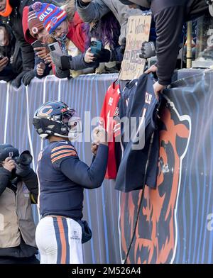 Chicago, United States. 24th Dec, 2022. Buffalo Bills safety Damar Hamlin  (3) celebrates a fumble recovery by teammate Tim Settle during the Bills  35-13 Christmas Eve win over the Chicago Bears at