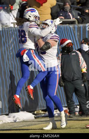 Buffalo Bills tackle Spencer Brown (79) walks off the field following a win  in an NFL