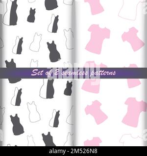 Set of 2 Seamless patterns from outline short sleeve tshirt and dress in trendy pale pink and gray hues. Repeating Texture. Layout for wrapping paper, poster, postcard, greeting, banner or price tag Stock Vector