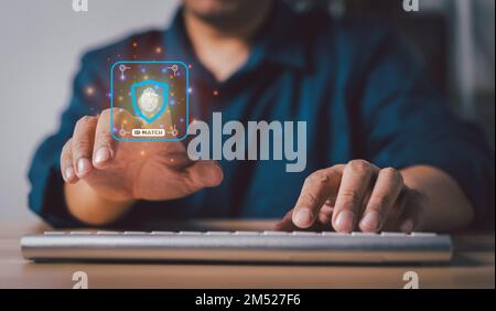 Businessman touching Virtual Panel For Fingerprint Scanning for unlock network connections before assigning bank accounts, credit card, and confidenti Stock Photo