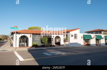 Street corner with real estate office in Rancho Santa Fe, California.  Stock Photo