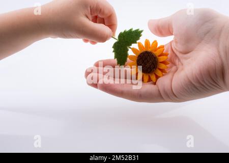 Baby giving a fake flower on a white background Stock Photo