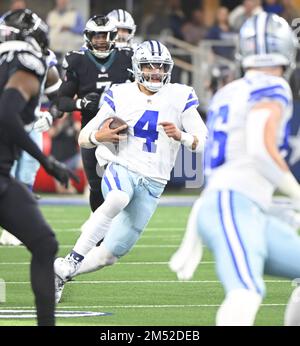 Arlington, United States. 24th Dec, 2022. Dallas Cowboys Dak Prescott rolls  out agains tthe Philadelphia Eagles during their NFL game at AT&T Stadium  in Arlington, Texas on Saturday, December 24, 2022. The