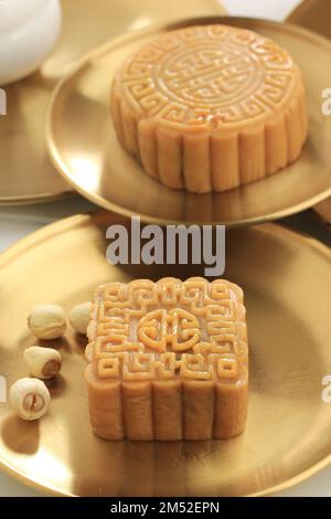 Close Up Square Mooncake for Mid Autumns Festival Stock Photo