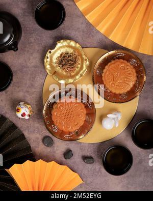 Yue Bing or Moon Cake for Mid Autumn Festival, Top View Stock Photo