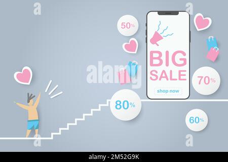 valentine sale promotion mobile phone abstract. big sale discount with percent 80, 70, 60, 50% and pink heart, valentine lovely, white circle vector. Stock Vector