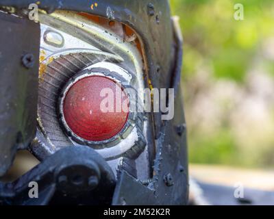 close up is red eye of robot Stock Photo
