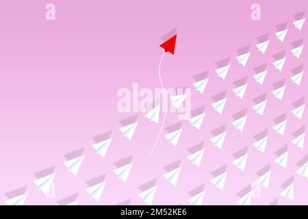 Group of white paper plane in one direction and one red paper plane pointing in different way on blue background. Business for innovative solution con Stock Photo